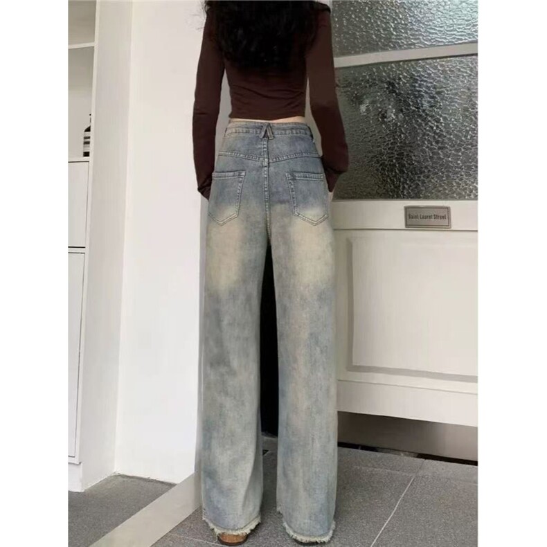 美式慵懒风加绒加厚高腰牛仔裤女秋冬2026年阔腿毛边显瘦直筒裤子,男装牛仔裤,星座506A