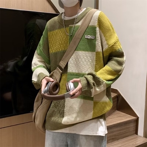 秋冬季格子毛衣男圆领套头日系美式复古拼色加厚针织衫7031/P58图片