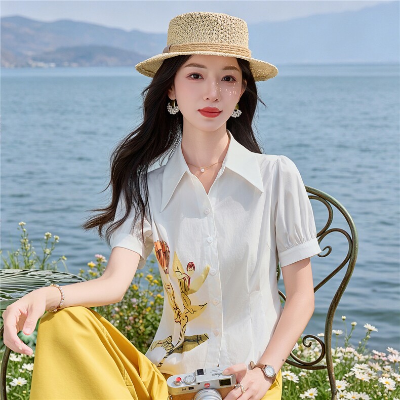 轻熟风时尚小翻领衬衫套装女2026夏气质印花上衣休闲裤两件套,女装套装/套裙,水衣源