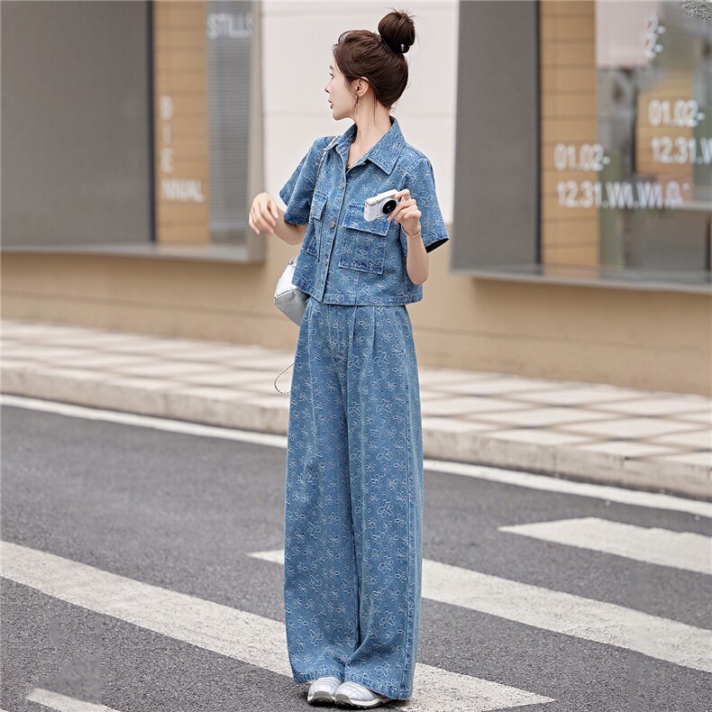 现货牛仔套装2026年夏季新款女装时尚气质阔腿裤两件套,女装套装/套裙,关键词