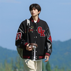 JK5872-P85美式拼接刺绣皮质撞色棒球服飞行员夹克外套控149，男装夹克，星座109