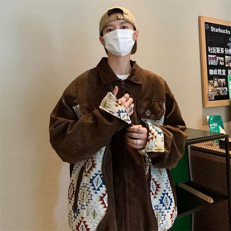 秋季民族风宽松情侣夹克男女灯芯绒拼接棒球领外套 WT66 P62图片