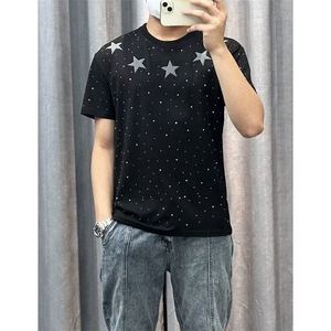 夏季新款五角星潮牌烫钻满天星短袖T恤男宽松时尚设计感半袖上衣图片