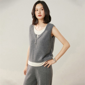 2025年秋季通勤无袖女士圆领羊绒假两件图片