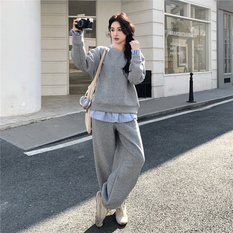现货休闲风格纹拼接卫衣三件套女,女装套装/套裙,2B142
