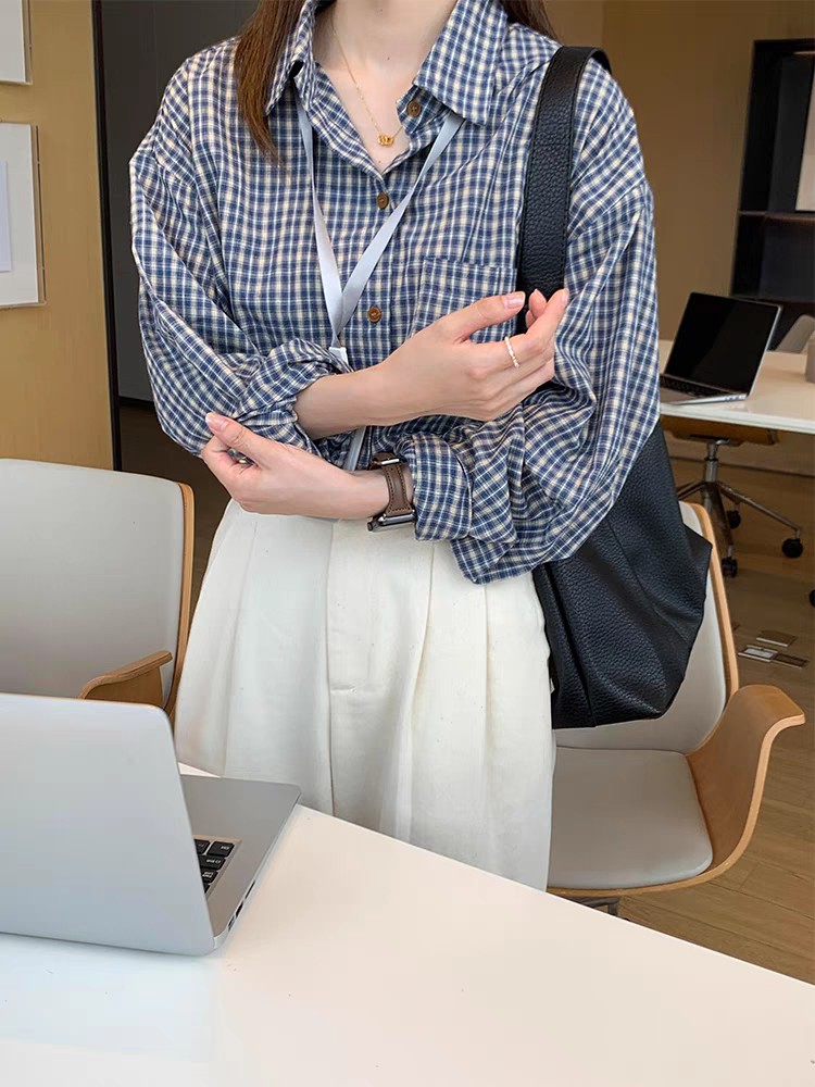 蓝色格子休闲百搭慵懒风宽松显瘦防晒上衣衬衣,女装衬衫,湘姗