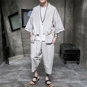 A611P75室内风2024春夏装新款七分袖七分裤仙鹤刺绣宽松汉服套装