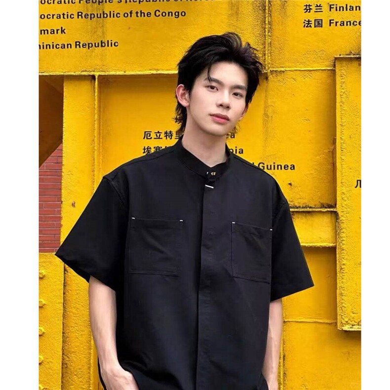 夏季新款新中式简约立领衬衣男款纯色短袖衬衫男士LC30188-P39,男装衬衫,星座1008