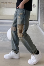 B230档2025秋冬新款复古做旧撞色贴布宽松直筒牛仔裤9903P100，男装牛仔裤，电商B230