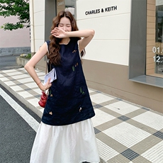 韩版假两件连衣裙女气质2025夏季新款时尚刺绣撞色拼接设计感长裙，女装连衣裙，2D034