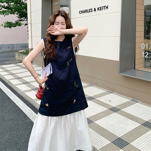 韩版假两件连衣裙女气质2025夏季新款时尚刺绣撞色拼接设计感长裙图片