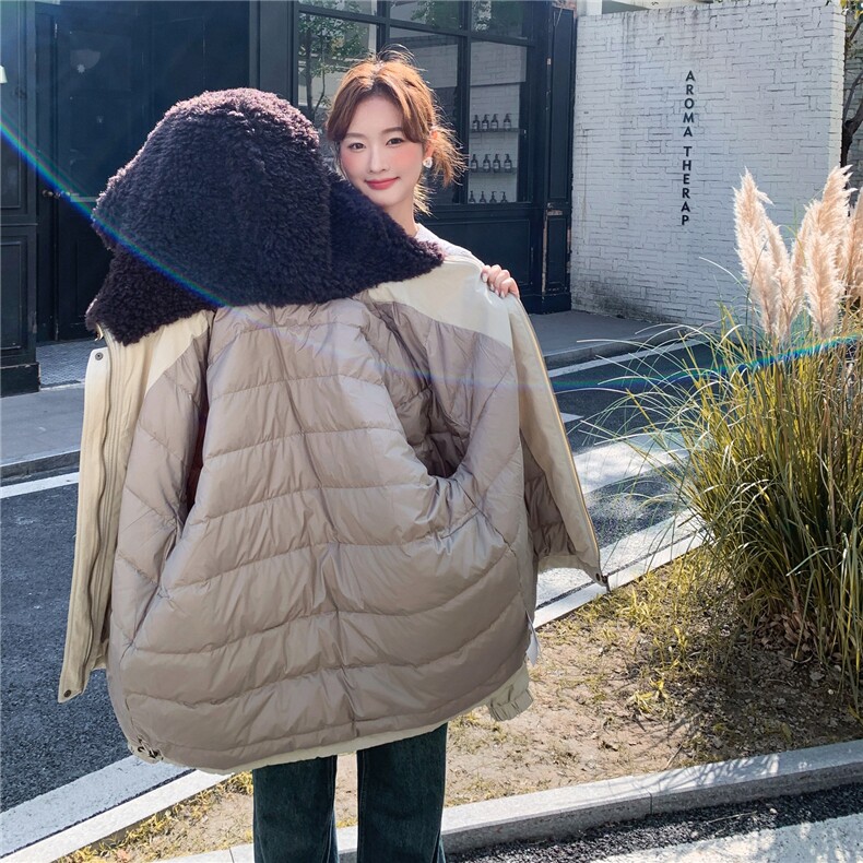 设计感毛领派克羽绒服女冬季2025新款韩系减龄厚实保暖白鸭绒外套,女装羽绒服,2C159