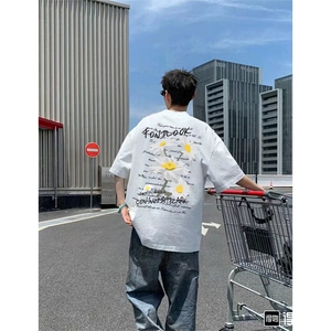 抖音得物供货210克宽松纯棉美式潮牌印花落肩袖纯棉T恤AT2101图片