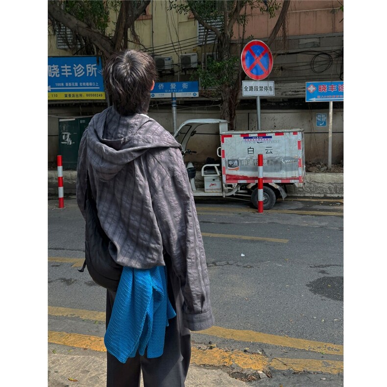 长袖连帽格子衬衫男女款春复古格纹休闲慵懒情侣衬衣特价35,男装衬衫,星座710