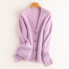 秋冬羊绒衫开衫女圆领菱形扭花外套毛衣宽松上衣，女装羊绒衫，品秋羊绒