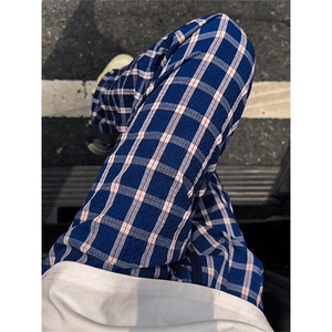 美式高街潮牌男女泡泡格子休闲裤直筒宽松慵懒显瘦阔腿休闲长裤子图片