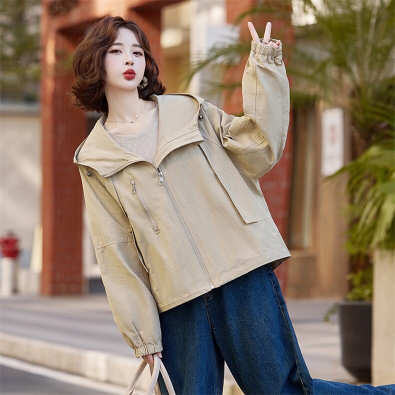 2024秋装新款连肩袖大码双拉链风衣女短款外套,女装风衣,梦芯尔