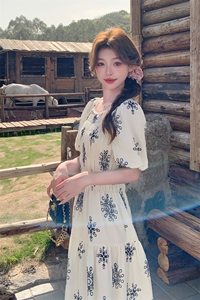 设计感民族风一字领印花长裙夏季新款露肩泡泡袖茶歇桔梗连衣裙女图片