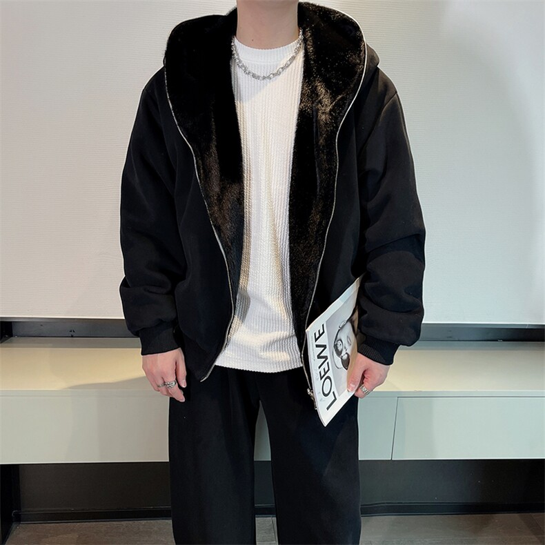 冬季休闲正反两穿毛绒连帽外套加绒弯刀阔腿长裤套装男TZ271-P235,男装休闲套装,电商B267