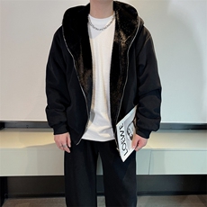 冬季休闲正反两穿毛绒连帽外套加绒弯刀阔腿长裤套装男TZ271-P235，男装休闲套装，电商B267