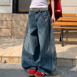 美式复古水洗解构弯刀牛仔裤女高街条纹拼接宽松显瘦休闲阔腿裤子,男装牛仔裤,星座1210-1
