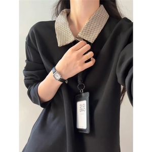 千鸟格翻领长袖polo衫男款秋季v领正肩T恤宽松美式内搭打底衫卫衣图片