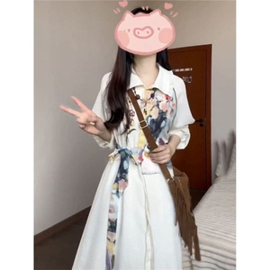 韩系学院风油画印花拼接翻领连衣裙女学生春秋季收腰绑带衬衫长裙图片