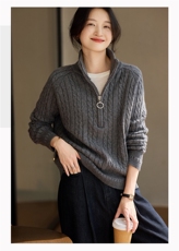 2025年秋季通勤时尚百搭通勤简约休闲重磅全身扭花半拉链，女装羊毛衫，冀清阳荣