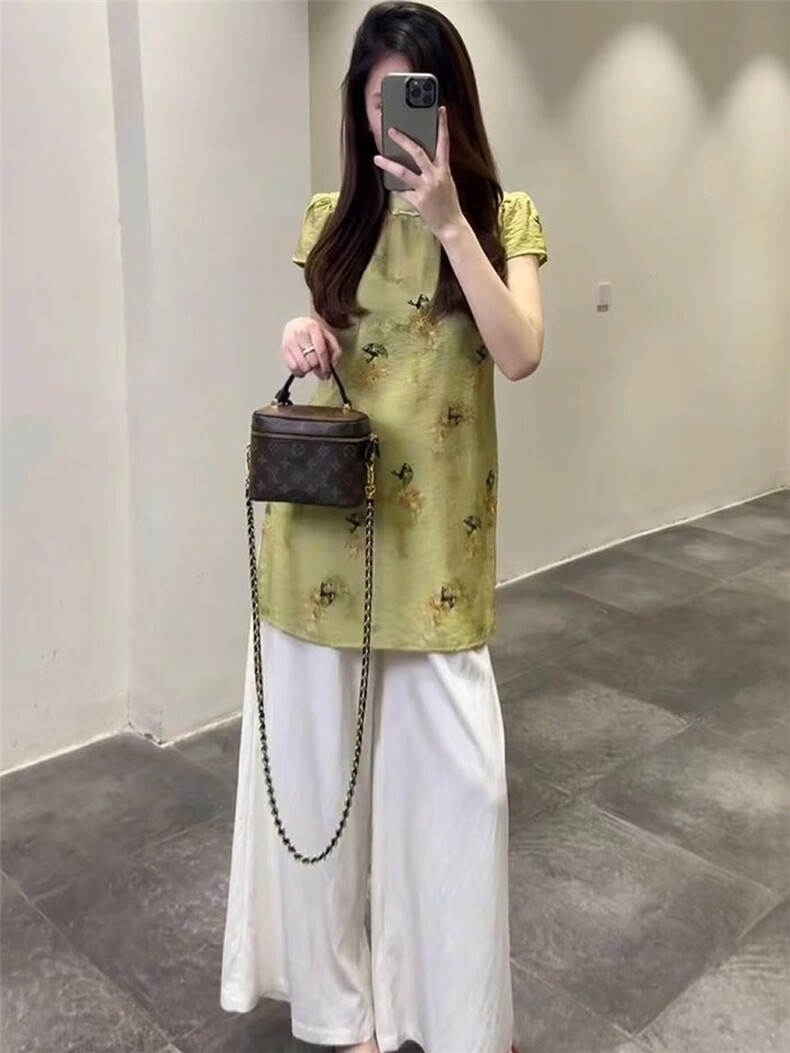 TOUCHMISS时尚气质套装女夏新中式盘扣旗袍短袖上衣阔腿裤两件套,女装套装/套裙,韩蔻秀