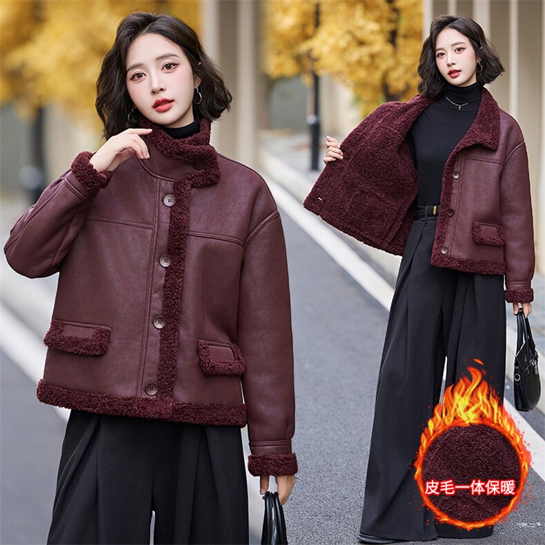 现货皮毛一体羊羔毛外套女短款2024秋冬新款加绒加厚外套,女装羊羔毛/颗粒绒,美拉德工厂直营店