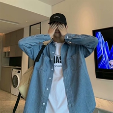 日系小清新ins潮流长袖衬衫男复古百搭宽松帅气牛仔衬衣L9266-P45，男装衬衫，星座1008