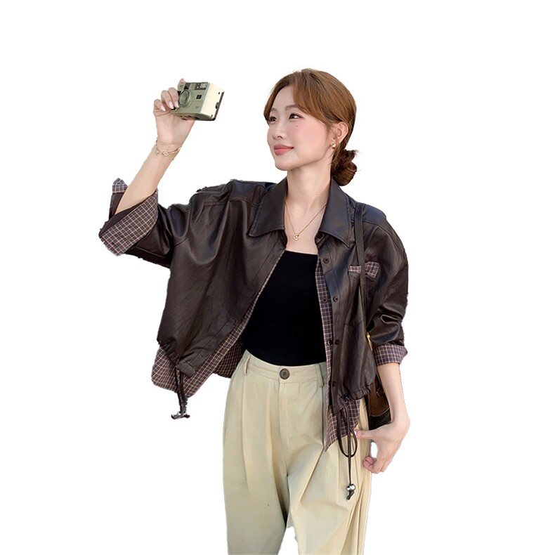 棕色短款皮衣外套女秋2025新款小个子休闲百搭又酷又飒PU皮夹克,女装皮衣,2C126