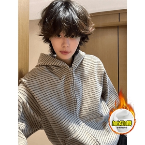 480G重磅加绒硬挺boxy 男女秋冬美式高街条纹毛呢卫衣开衫厚外套图片