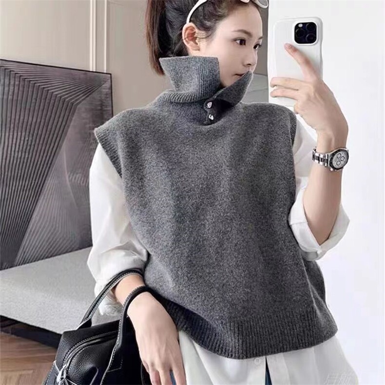 2024秋冬新款羊毛女士金属扣高翻领羊毛背心马甲，女装马甲，胜酷羊绒