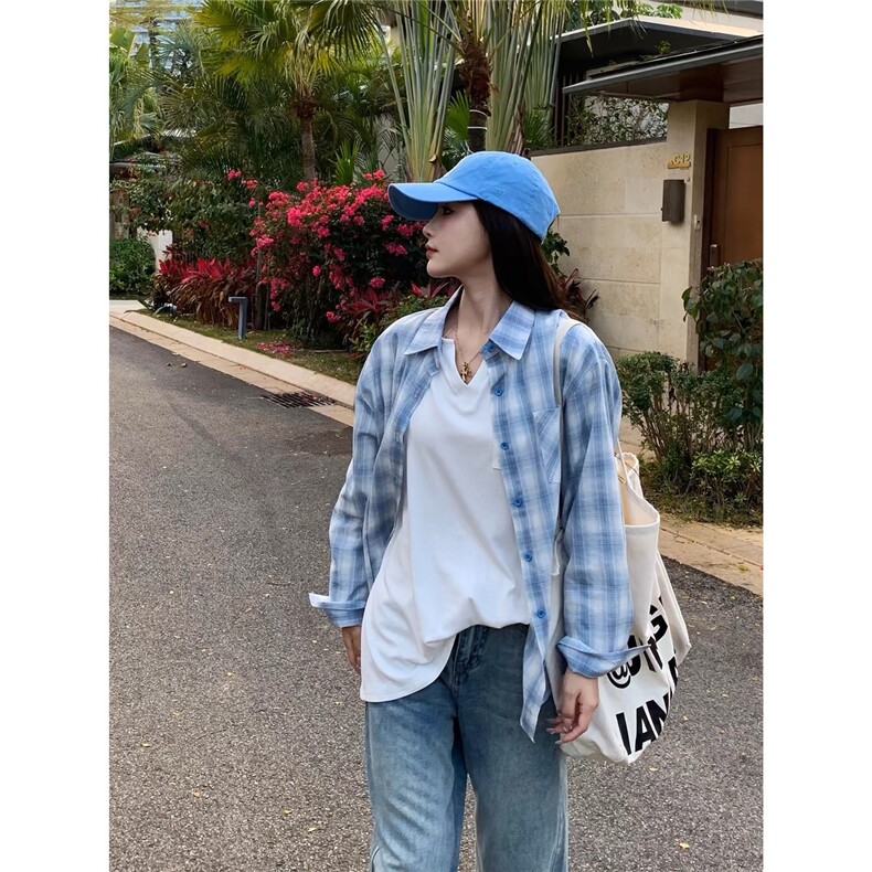 格子长袖衬衫女装夏季薄款设计感法式上衣衬衣外套潮CA1006-P38，男装衬衫，星座208-5