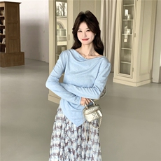 2026春季新款温柔风荡领长袖T恤+格纹半身裙两件套韩系显瘦套装，女装套装/套裙，艾米莉亚