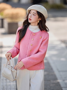 小香风粉色短款毛呢外套女2025秋冬新款超好看圆领双面羊毛呢大衣图片