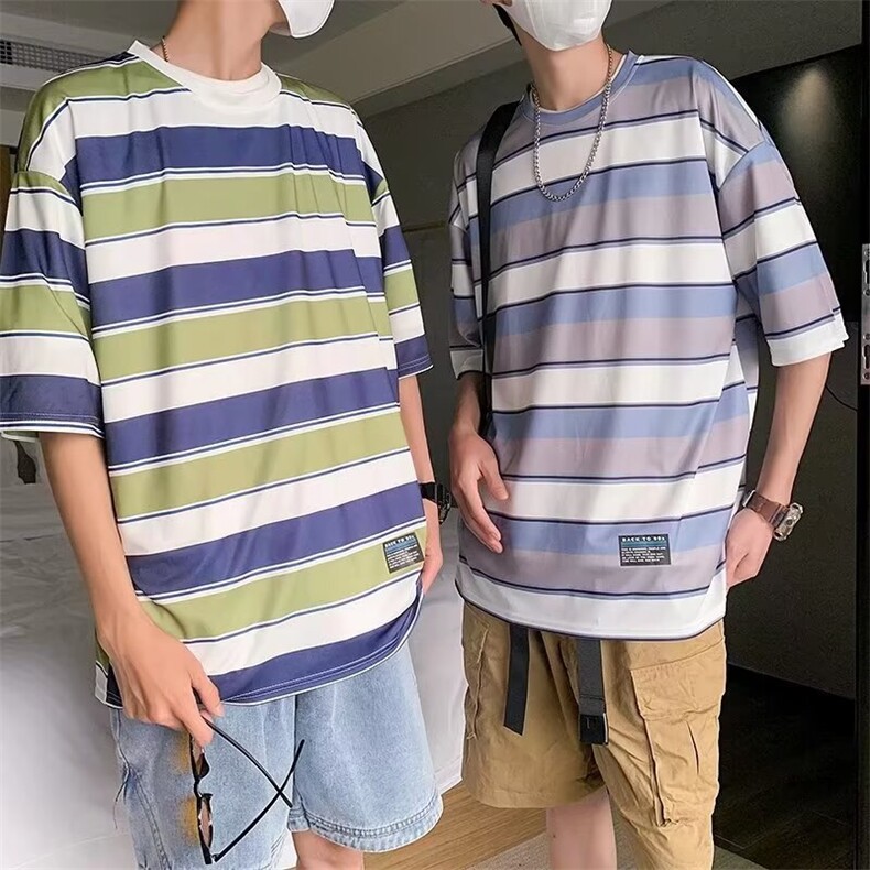 W271-P28夏季日系复古撞色条纹T恤宽松百搭情侣青少年短袖潮,男装T恤,星座911-1