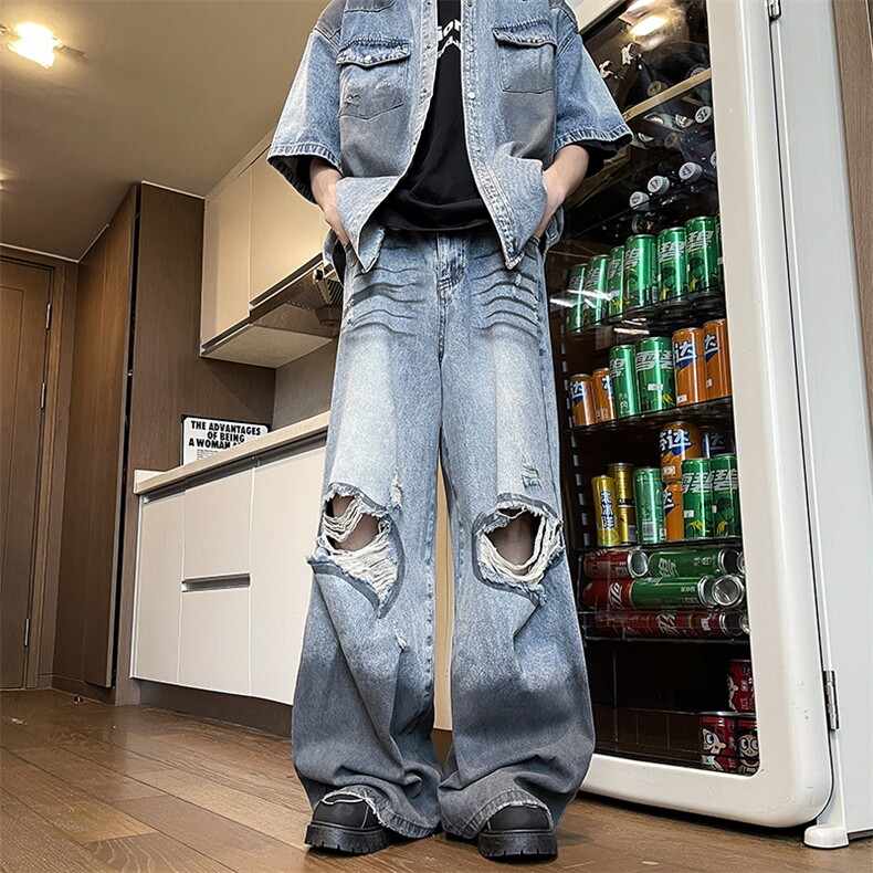 韩版复古做旧脏染破洞衬衫套装街头潮流牛仔裤TZ022-P125，男装牛仔裤，星座308B-2