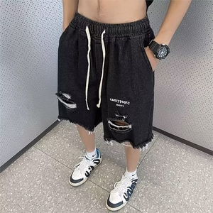破洞牛仔短裤男夏季新款美式复古水洗毛边五分裤 P36图片