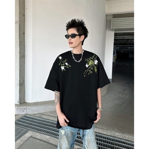 重工街头新中式花卉刺绣廓形短袖T恤男女潮百搭圆领夏装上衣服图片