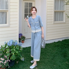 蓝色蕾丝拼接牛仔套装裙女夏季2025新款气质休闲上衣阔腿裤两件套，女装套装/套裙，2C159