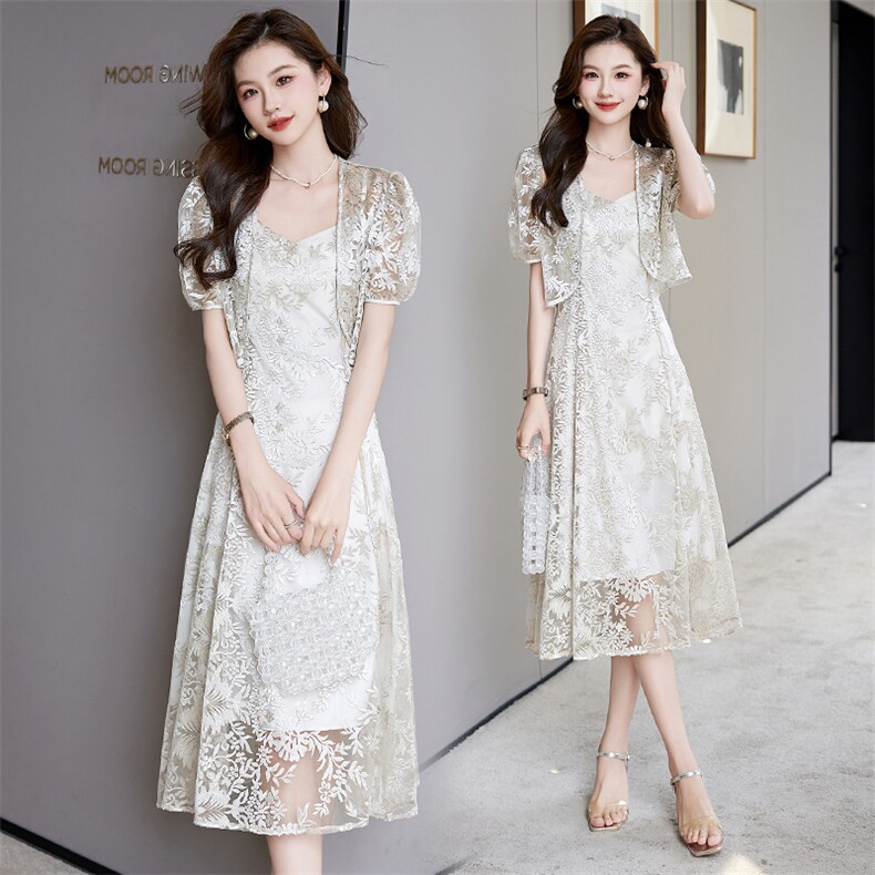 法式绝美吊带连衣裙两件套女夏2024新款显瘦气质吊带裙高级感套装，女装套装/套裙，火爆靓佳人