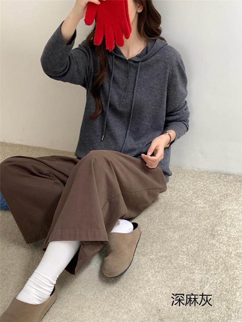 2025年秋季纯色长袖通勤宽松型系扣套头帽衫,女装羊毛衫,纳驰羊绒