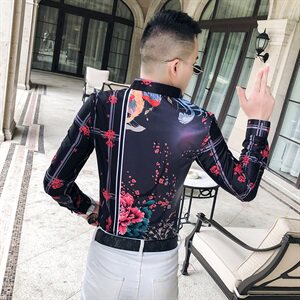 2021春秋衬衫社会男长袖上衣印花男装韩版修身四季潮流衬衣Q628-P55图片
