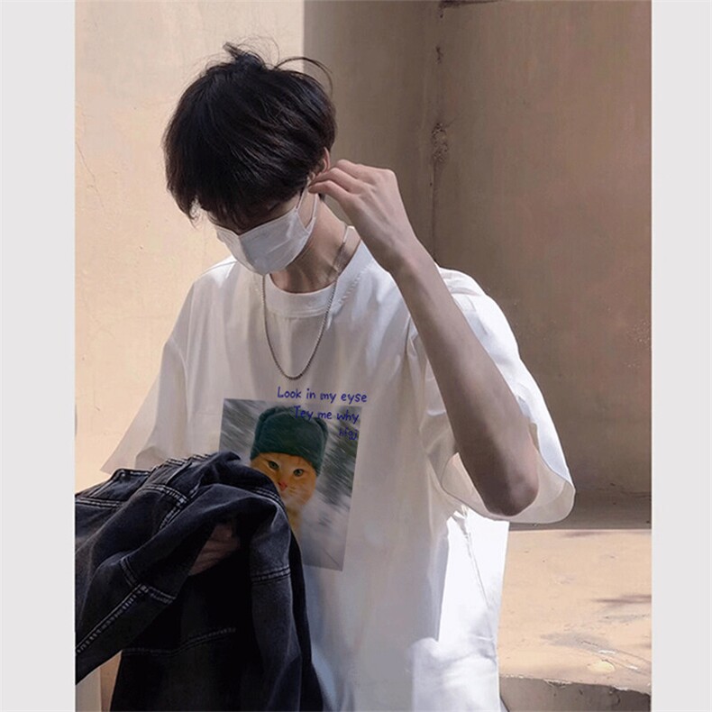 白色猫咪印花短袖t恤男款夏季纯棉重磅潮牌体恤正肩薄款透气半袖,男装T恤,电商A486
