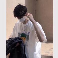 白色猫咪印花短袖t恤男款夏季纯棉重磅潮牌体恤正肩薄款透气半袖，男装T恤，电商A486