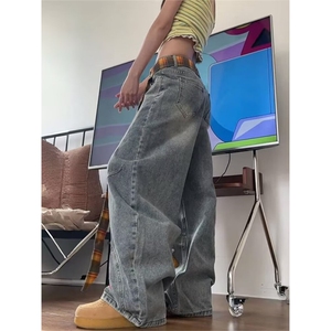 美式复古蘑菇刺绣牛仔裤女设计感高腰宽松显瘦直筒阔腿拖地裤图片