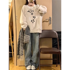Q0109-P45花灰色圆领卫衣爱心印花高级宽松上衣，男装卫衣，星座617A-2