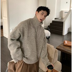 网络图老钱风可翻纽扣高领针织毛衣潮男，男装针织衫/毛衣，星座410-7